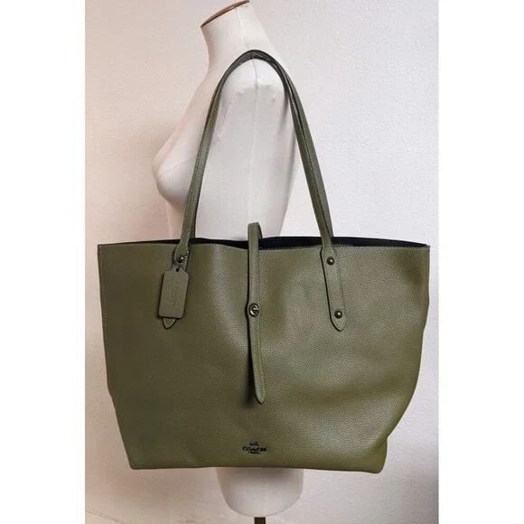 Coach Large Market Tote Pebbled Leather Army Green Turn Lock #F58849 EXCELLENT! - Picture 2 of 14